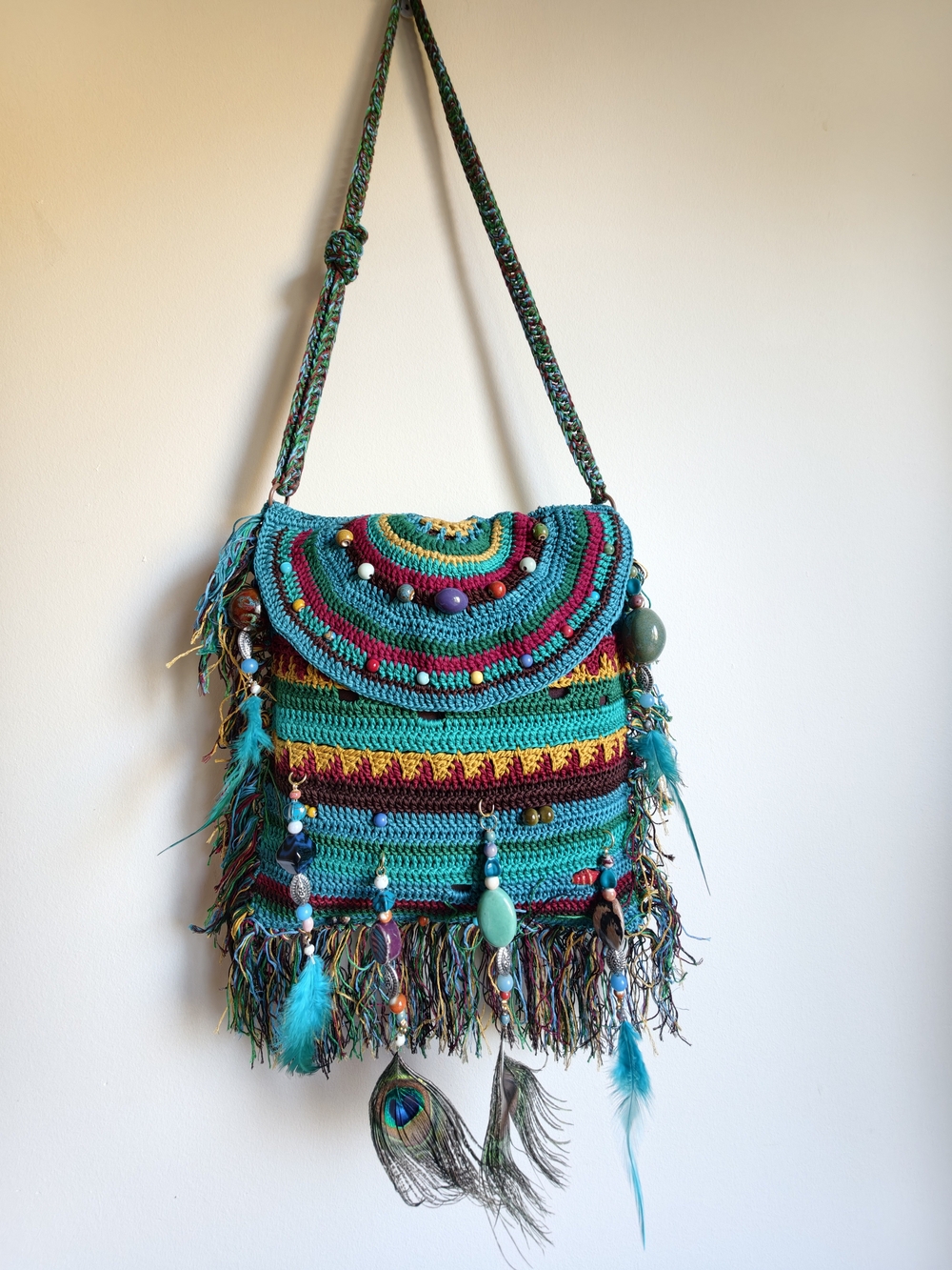 Handmade Teal Crochet Boho Shoulder Bag with Feather and Bead Accents